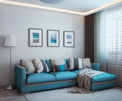 Голубо серый диван в интерьере гостиной