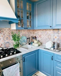 Apron For A Blue Kitchen Made Of Tiles Photo