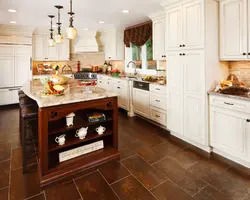 Brown tiles on the floor in the kitchen interior