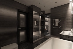 Дизайн ванной комнаты с темной дверью