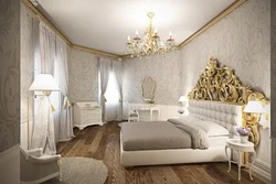 Дизайн белой спальни с золотом