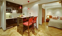 Hotel room design with kitchen