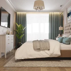 Beige bed in the bedroom interior