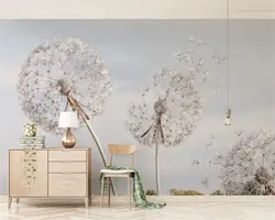 Wallpaper with dandelions in the bedroom interior
