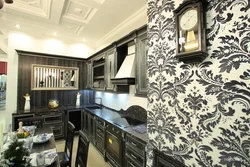 Kitchen design with dark wallpaper