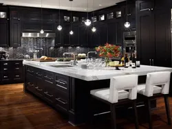 Kitchen design with dark wallpaper