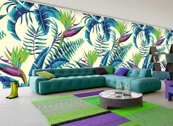 Bright wallpaper in the living room interior