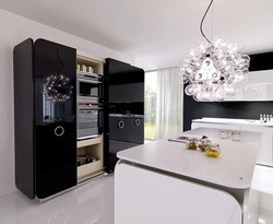 White kitchen black refrigerator photo