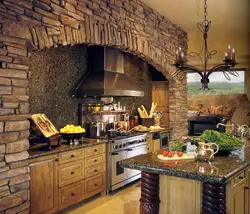 Photo of a kitchen made of wood and brick