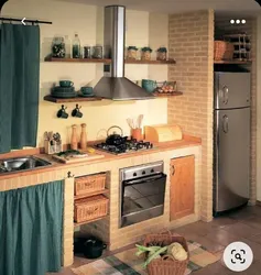 Photo Of A Kitchen Made Of Wood And Brick