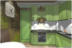 Інтэр'ер кухні з зялёным халадзільнікам