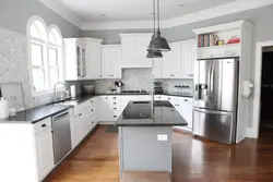 Design white kitchen gray refrigerator
