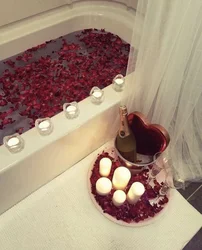 Photo bath with foam and rose petals