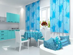 Kitchen interior with turquoise curtains photo