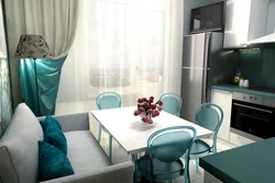 Kitchen Interior With Turquoise Curtains Photo