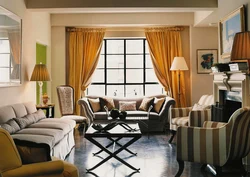 Interior with mustard curtains living room photo