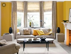 Interior with mustard curtains living room photo