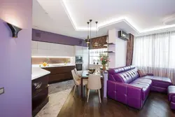 Living room with kitchen in a modern style photo lilac