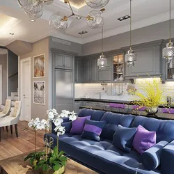 Living room with kitchen in a modern style photo lilac