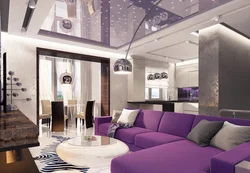 Living room with kitchen in a modern style photo lilac