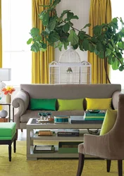 Green living room interior with yellow photo