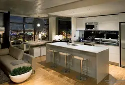Modern Kitchens With An Island Combined With A Living Room Photo