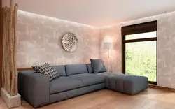 Living room interior with sofa and wallpaper