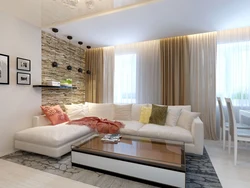 Living room interior in light colors with a corner sofa