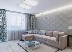 Интерьер гостиной в светлых тонах с угловым диваном
