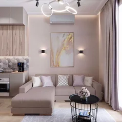 Интерьер гостиной в светлых тонах с угловым диваном