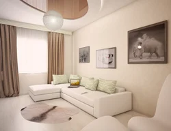 Living room interior in light colors with a corner sofa
