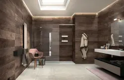 Bathroom design gray porcelain tiles and wood