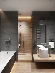 Bathroom Design Gray Porcelain Tiles And Wood