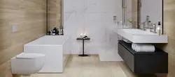 Bathroom design gray porcelain tiles and wood