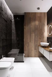 Дизайн ванной серый керамогранит и дерево