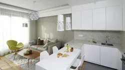 Living room kitchen design with sofa and TV