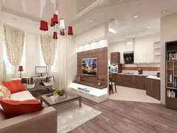 Design of a square living room combined with a kitchen photo