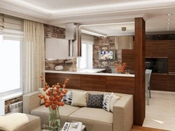 Design Of A Square Living Room Combined With A Kitchen Photo