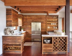 Wooden kitchen in the interior living room design