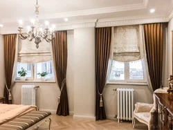 Curtains on the wall in the bedroom interior