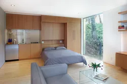 Studio design with bed and sofa and kitchen
