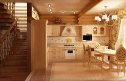Design in a wooden house kitchen living room