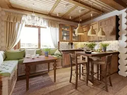 Design in a wooden house kitchen living room