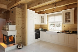 Design in a wooden house kitchen living room