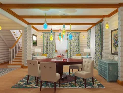 Дизайн в деревянном доме кухни гостиной