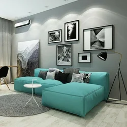 Bedroom with gray sofa photo