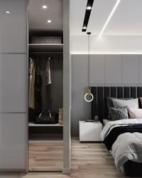 Дызайн прастакутнай спальні з гардэробнай