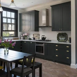 Gray kitchen interior with brown floor