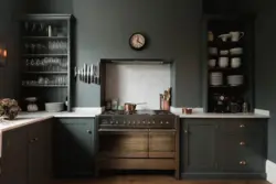 Gray kitchen interior with brown floor