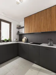 Gray kitchen interior with brown floor